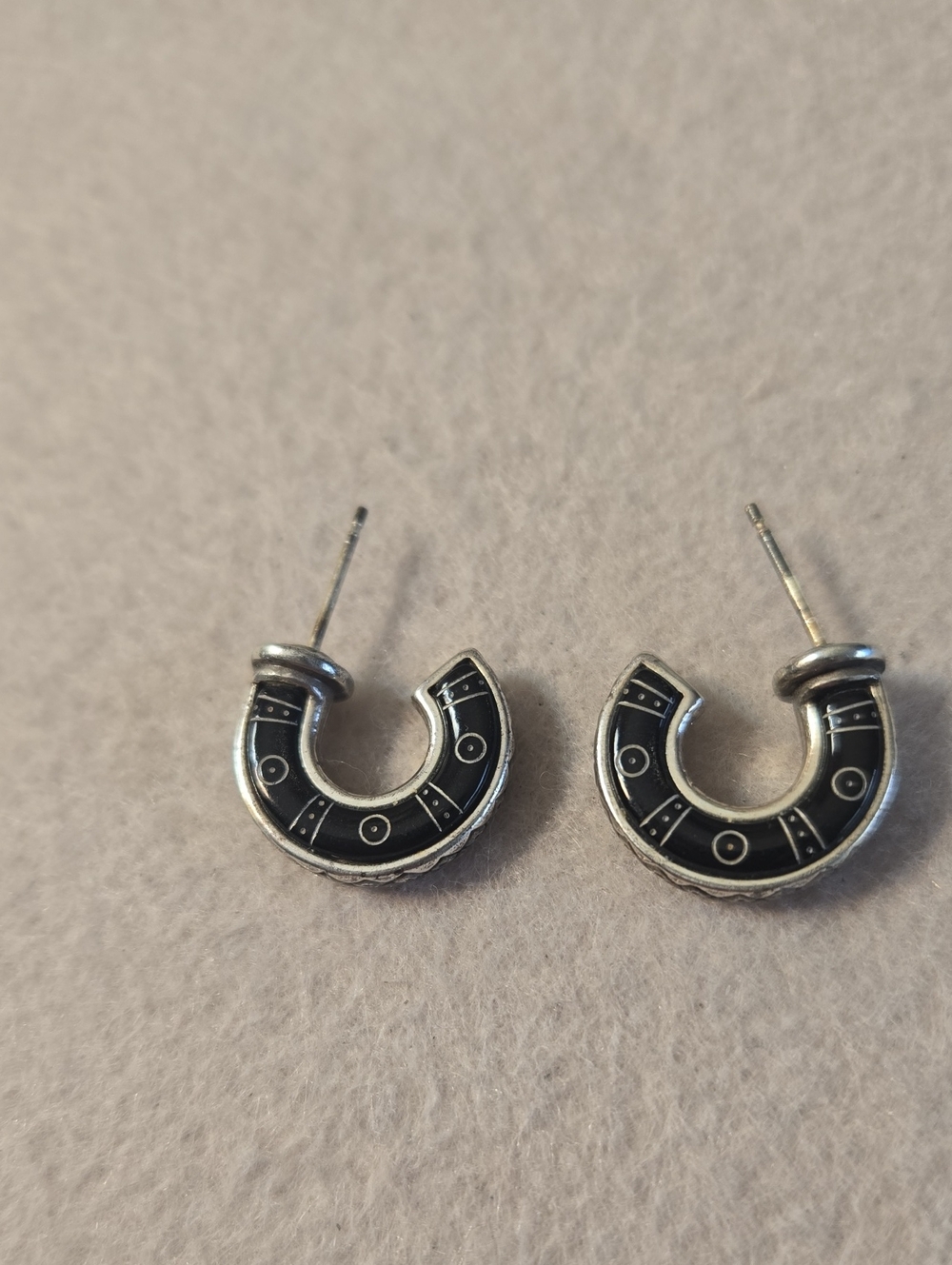 Brighton Retired Silvertone- Black Enamel Hoop Stud Earrings